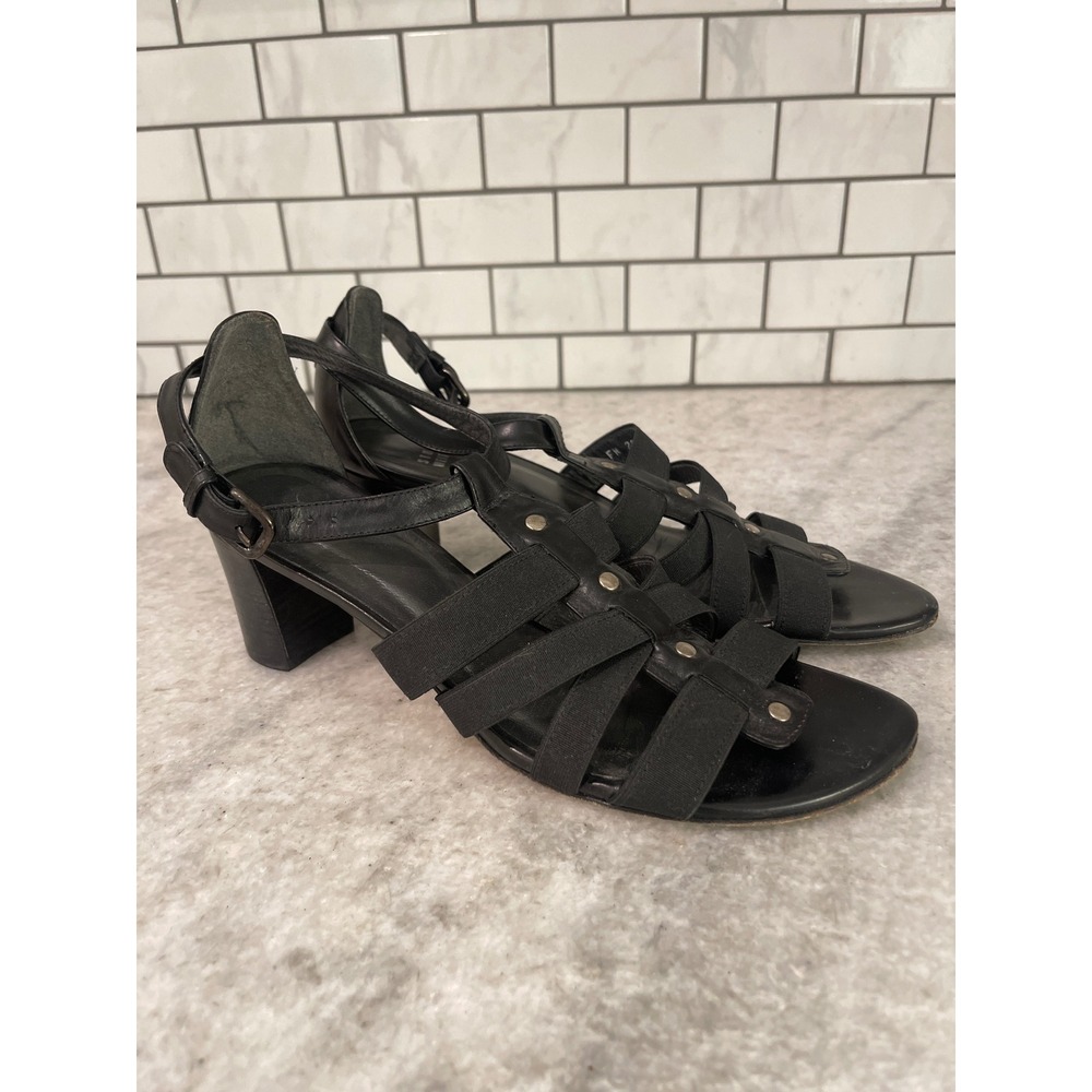 Stuart Weitzman Sandals Womens 8.5 Black Leather Strappy Block Heel Studded